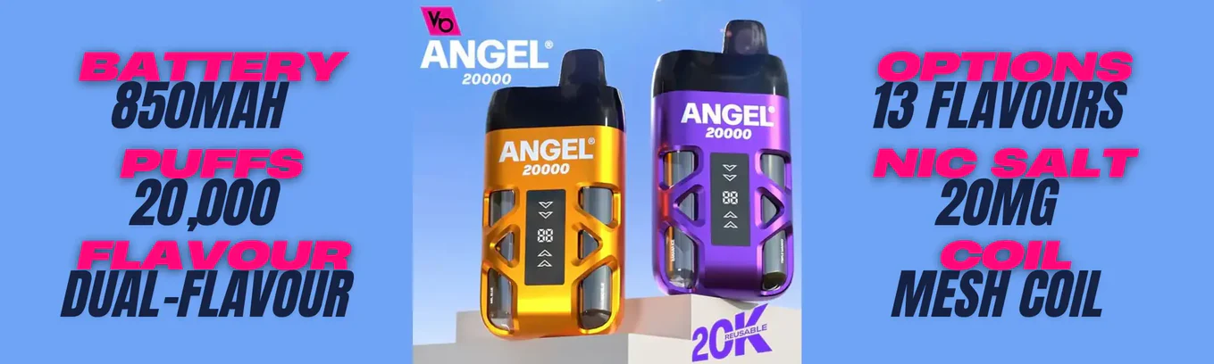 Vapes Bars Angel 20K prefilled pod kit featuring an 850mAh battery, 20000 puffs, dual-flavour design, 20mg nic salt strength, mesh coil, and available in 13 flavour options.